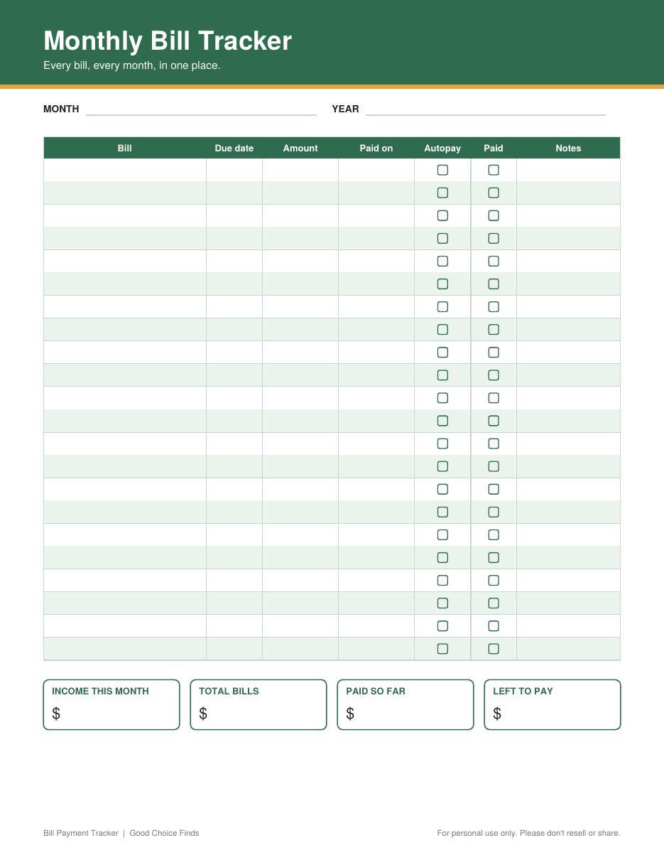 Monthly bill tracker printable page